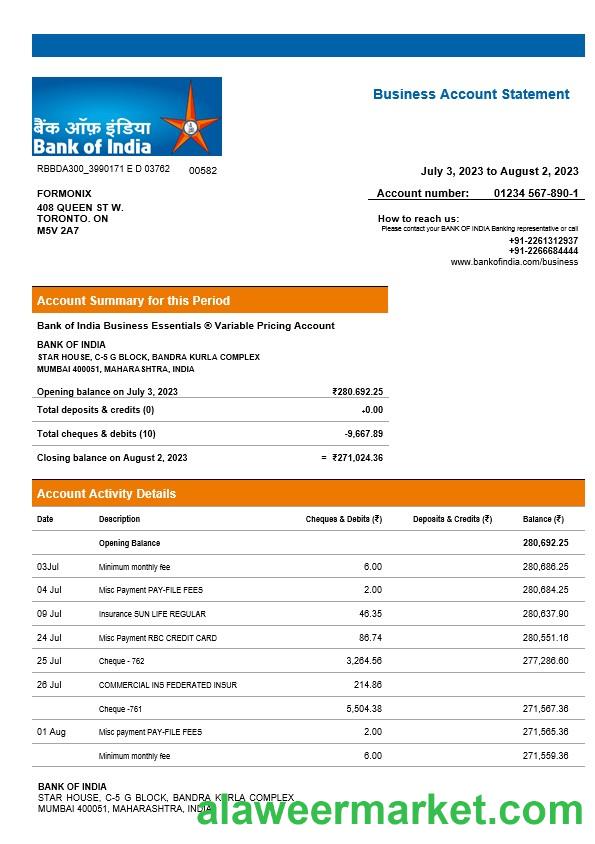 Bank of India company checking account statement Word and PDF template